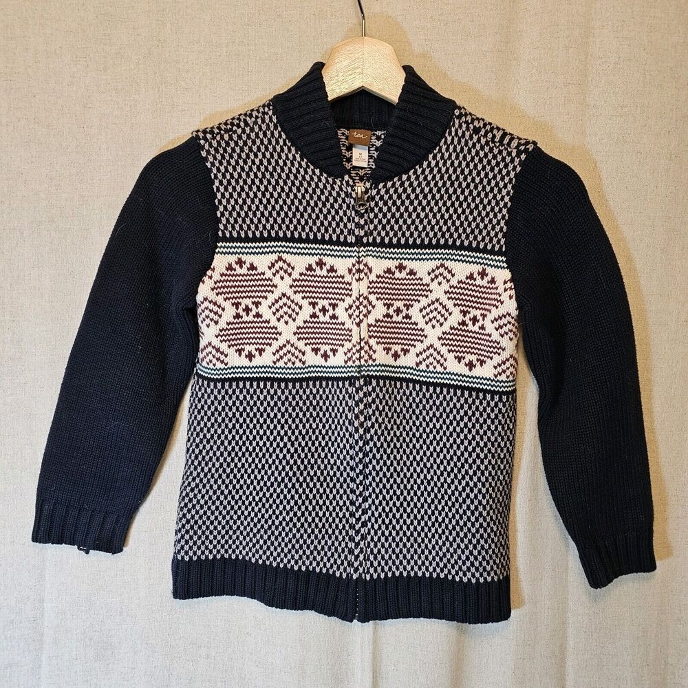 Tea Collection Boys Fair Isle Navy Red White Full Zip Sweater Cardigan M 6 - 7